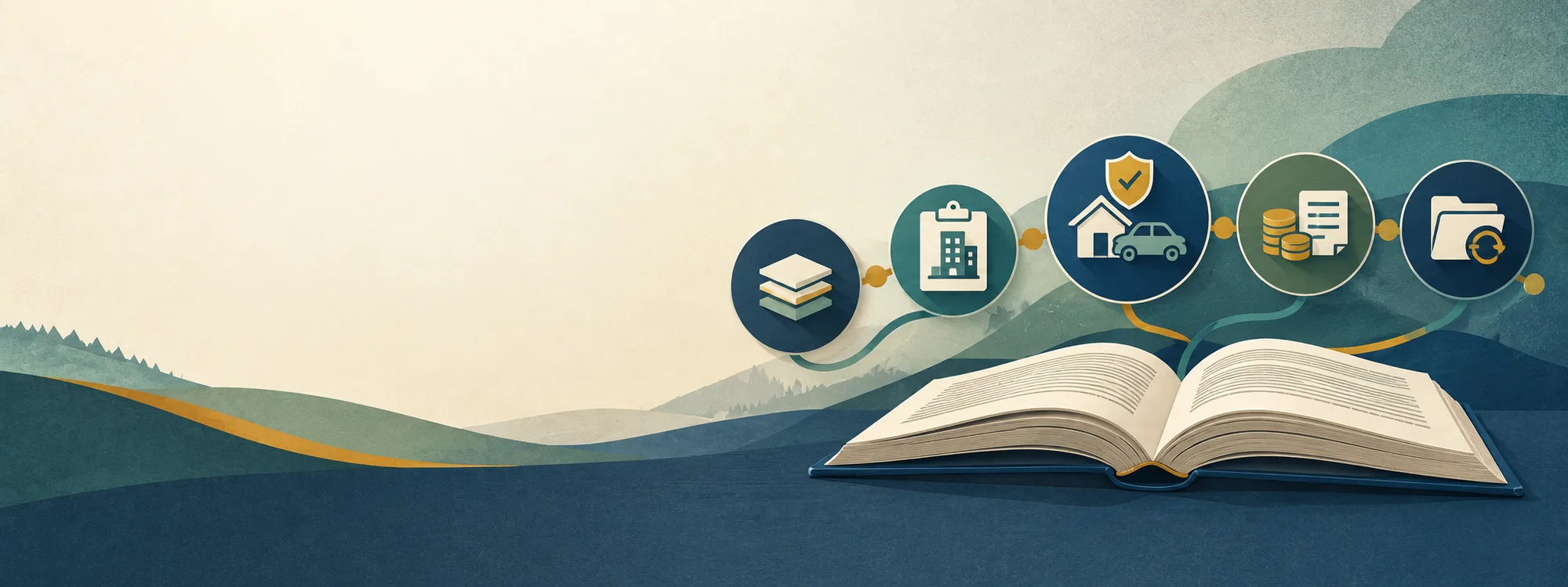 Illustration of the P&C insurance policy lifecycle: fundamentals, underwriting, coverage, premium and finance, and claims, connected above an open reference book.